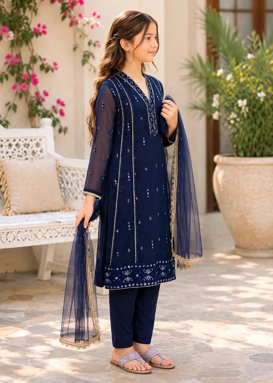 Modest Girls RTW Embroidered Crinkle 3 Piece Suit Blue 11115-BLU Festive Collection