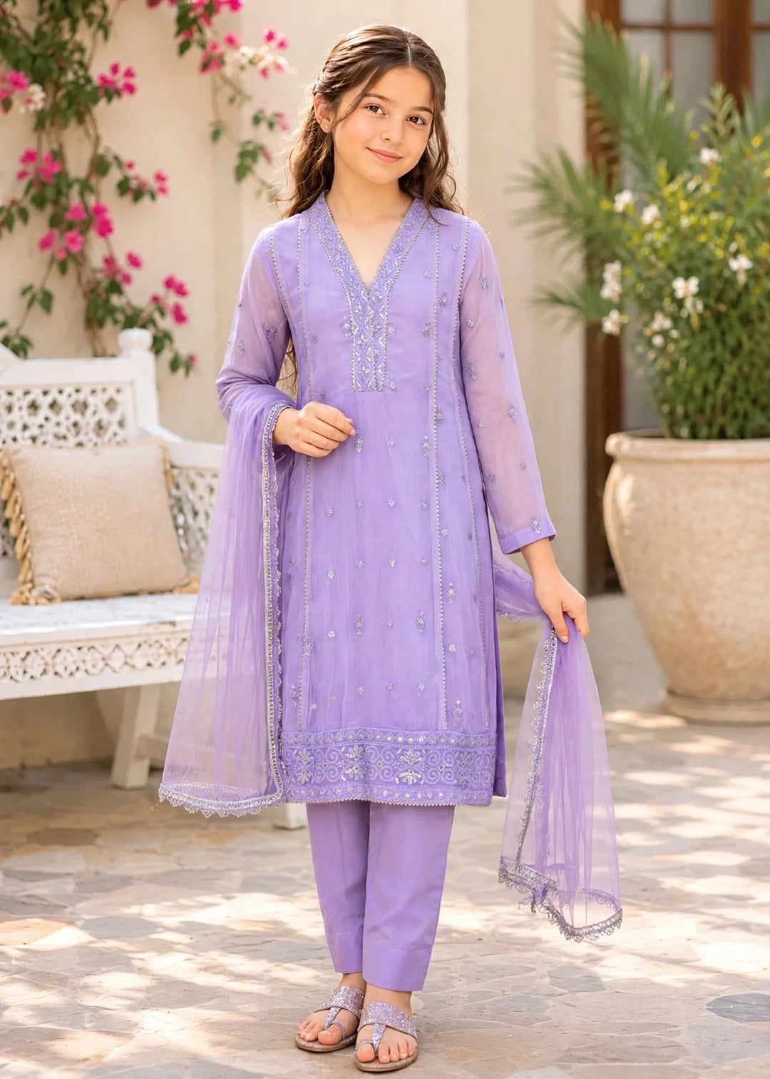 Modest Girls RTW Embroidered Crinkle 3 Piece Suit Purple 11115-LPUR Festive Collection