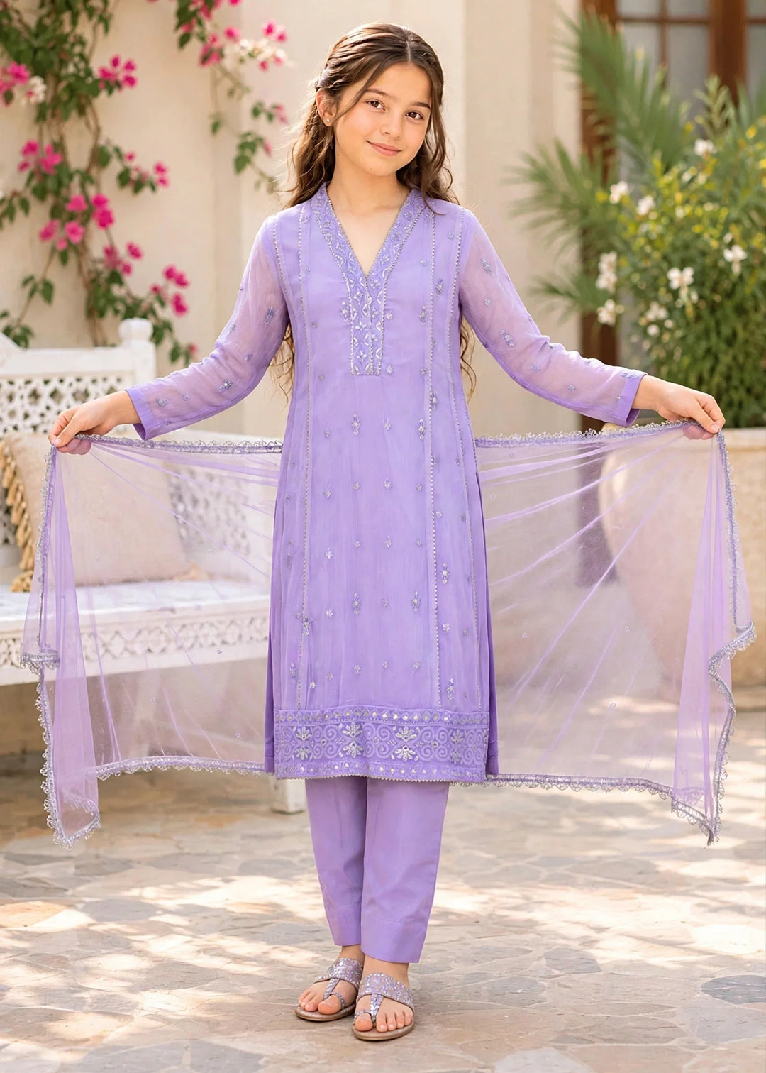 Modest Girls RTW Embroidered Crinkle 3 Piece Suit Purple 11115-LPUR Festive Collection