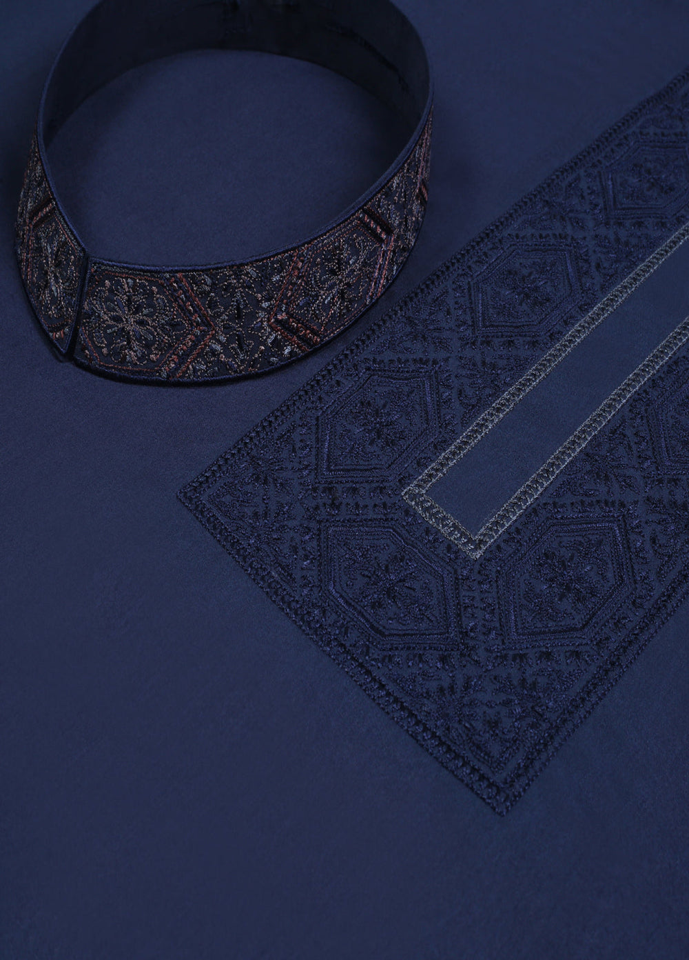 Monochrome by Fabrich Mens Unstitched Embroidered Wash N Wear 2 Piece Suit Navy Neckline-Bann Casual Collection