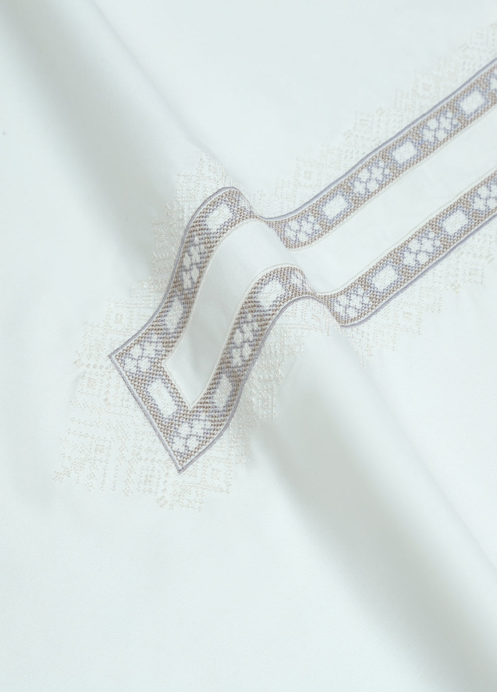 Monochrome by Fabrich Mens Unstitched Embroidered Wash N Wear 2 Piece Suit Offwhite Necline-Bann Casual Collection