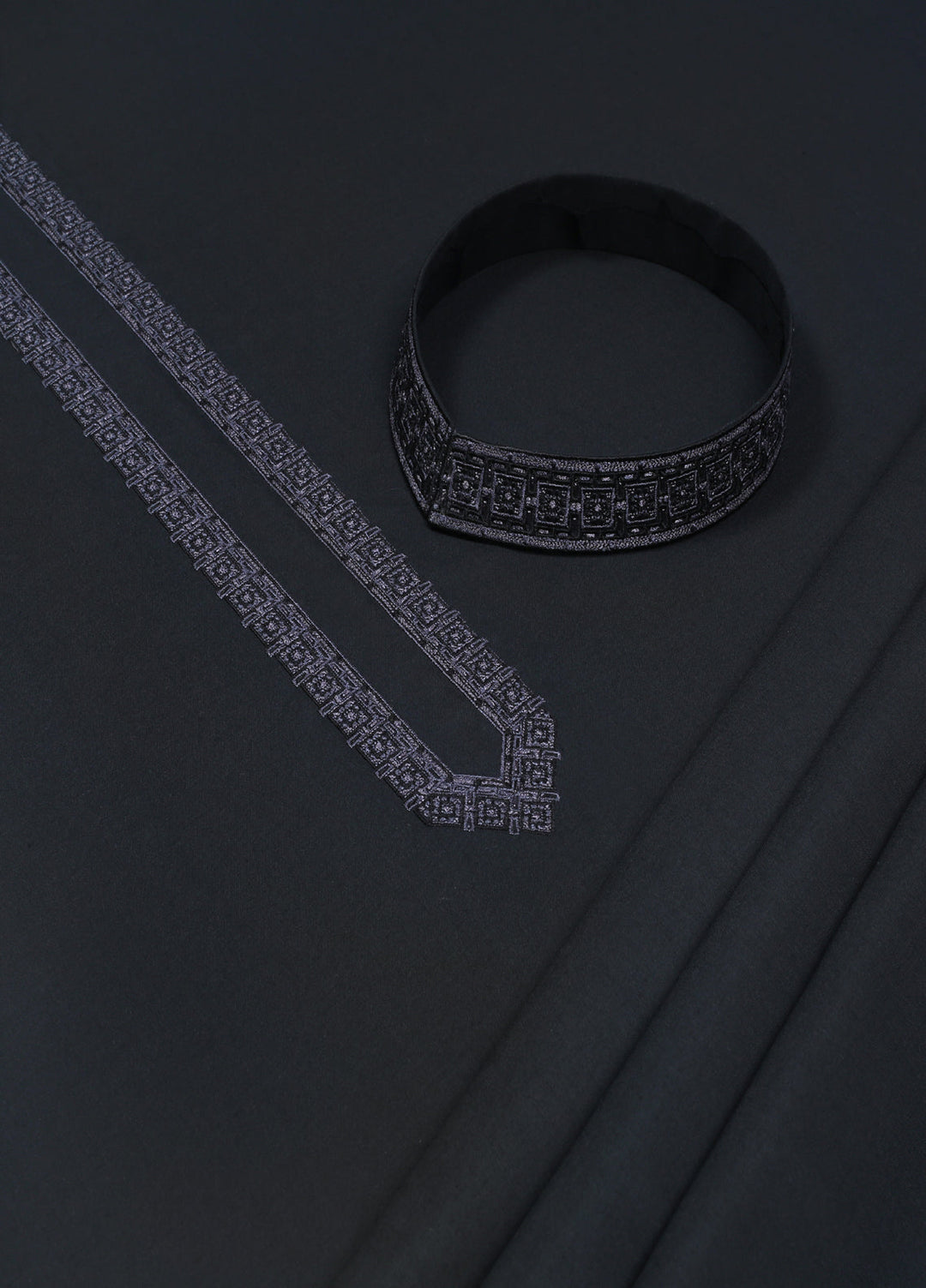 Monochrome by Fabrich Mens Unstitched Embroidered Wash N Wear 2 Piece Suit Black Necline-Bann Casual Collection
