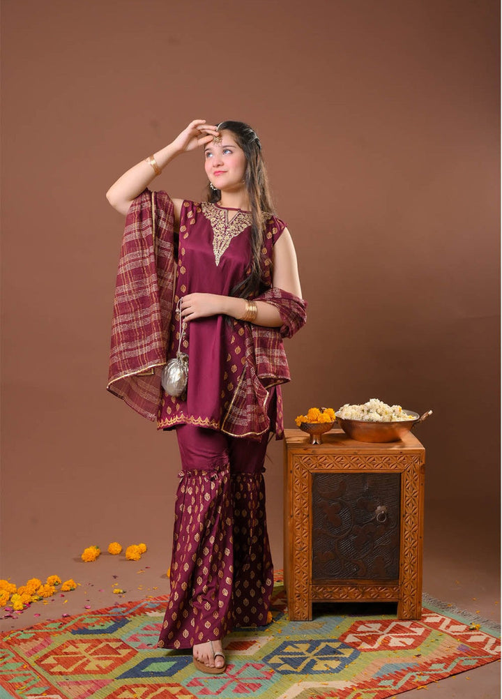 Senorita Girls RTW Printed Viscose Raw Silk 3 Piece Suit GDD-03256 Festive Collection