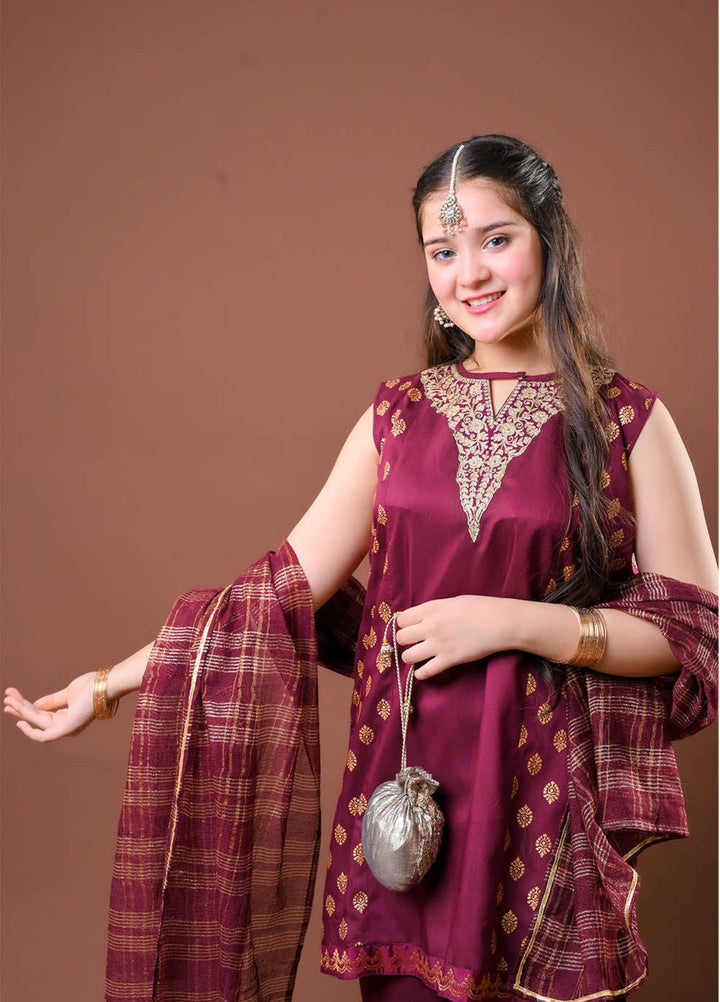 Senorita Girls RTW Printed Viscose Raw Silk 3 Piece Suit GDD-03256 - Festive Collection