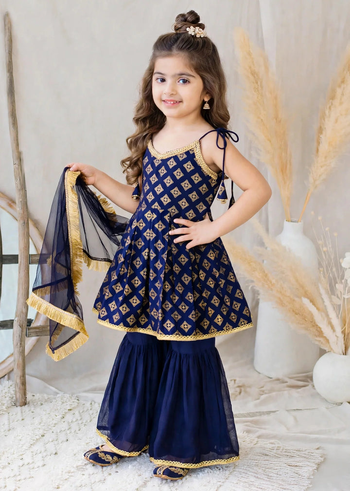 Modest Girls RTW Printed Raw Silk 3 Piece Suit Blue Festive Collection