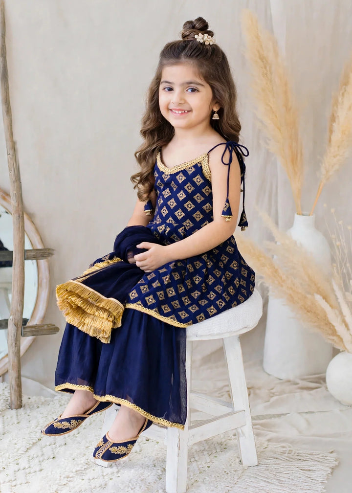 Modest Girls RTW Printed Raw Silk 3 Piece Suit Blue Festive Collection