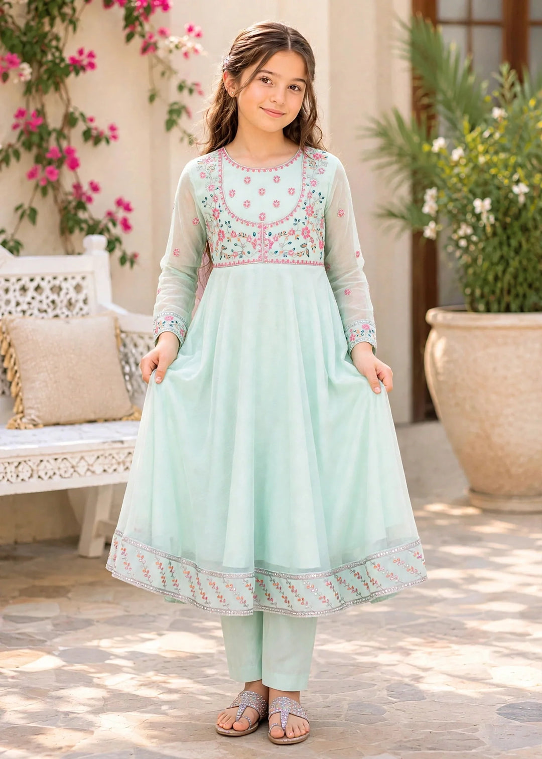 Modest Girls RTW Embroidered Crinkle 3 Piece Suit C-Blue Festive Collection