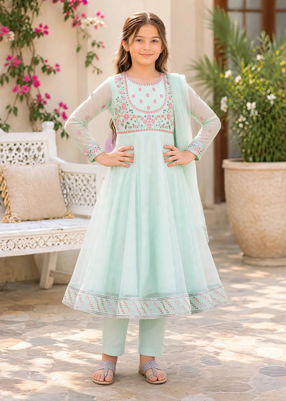 Modest Girls RTW Embroidered Crinkle 3 Piece Suit C-Blue Festive Collection