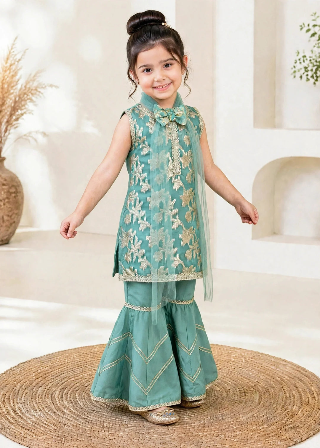 Modest Girls RTW Embroidered Banarsi 3 Piece Suit Green Festive Collection