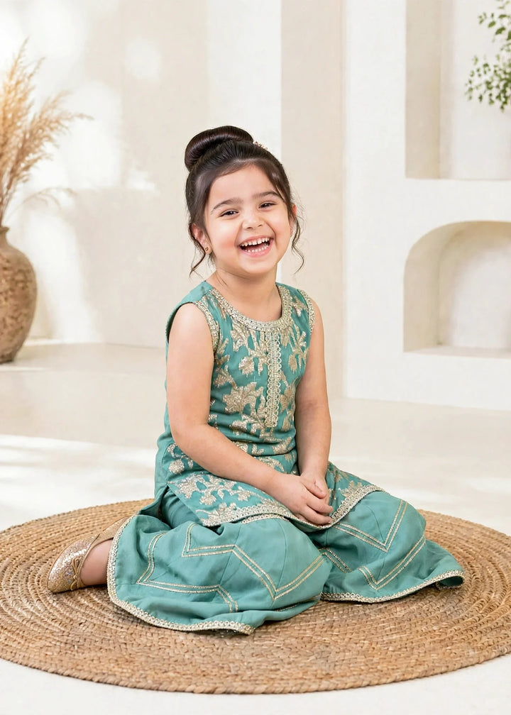 Modest Girls RTW Embroidered Banarsi 3 Piece Suit Green Festive Collection