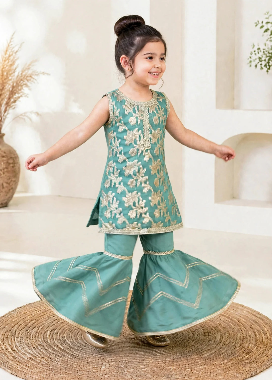 Modest Girls RTW Embroidered Banarsi 3 Piece Suit Green Festive Collection