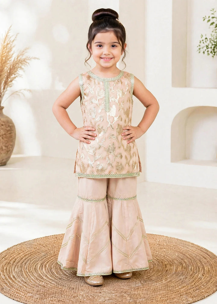 Modest Girls RTW Embroidered Banarsi 3 Piece Suit Peach Festive Collection