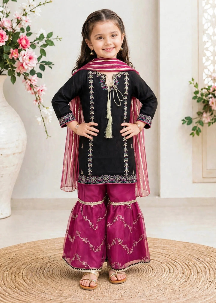 Modest Girls RTW Embroidered Raw Silk 3 Piece Suit Black Festive Collection