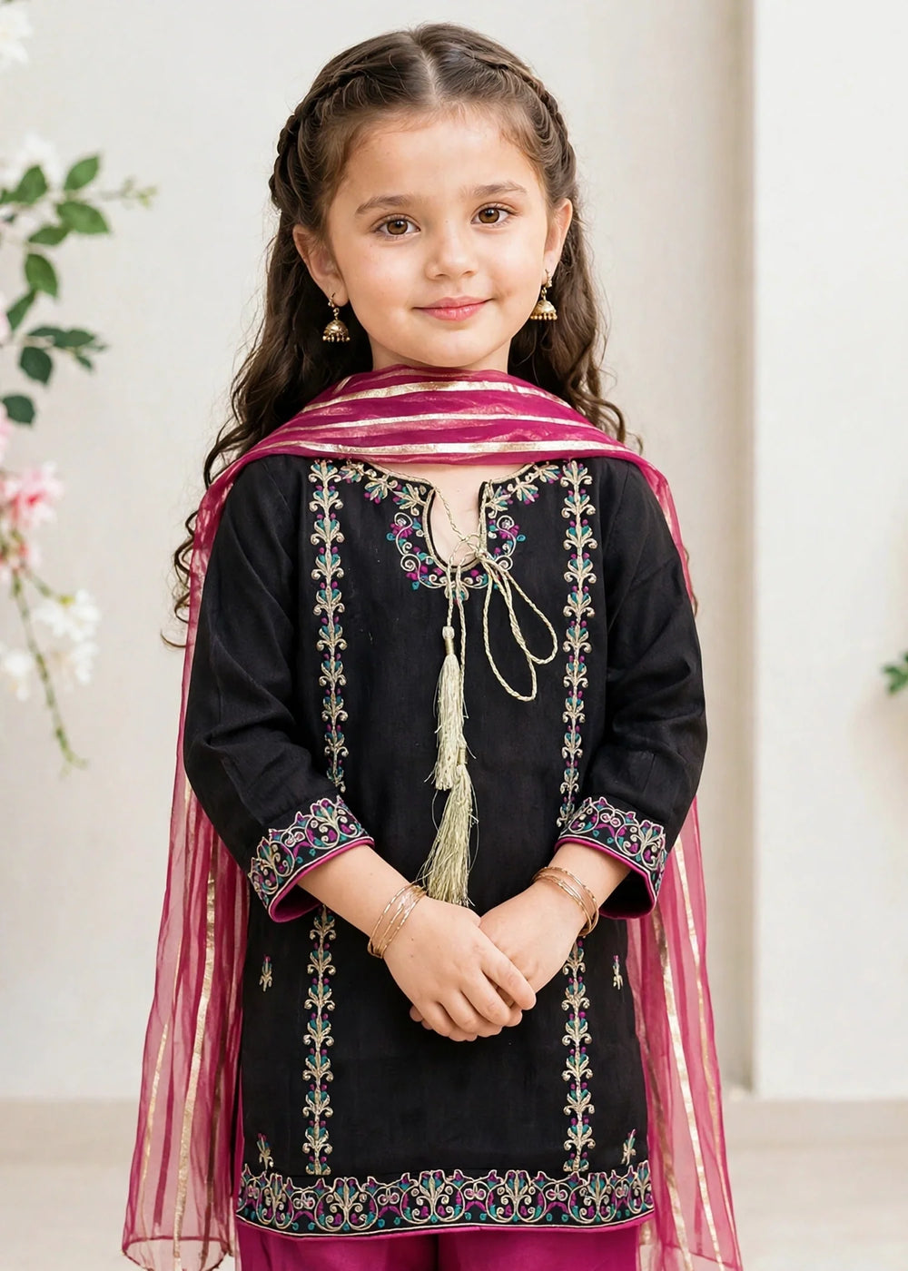 Modest Girls RTW Embroidered Raw Silk 3 Piece Suit Black Festive Collection