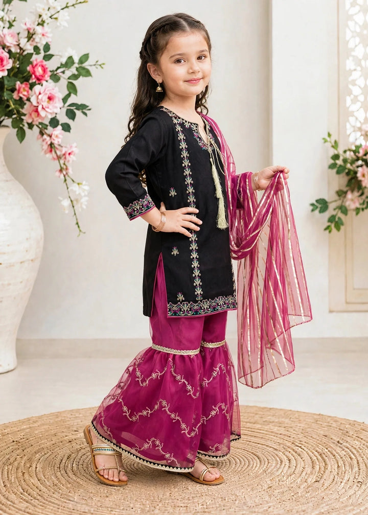 Modest Girls RTW Embroidered Raw Silk 3 Piece Suit Black Festive Collection