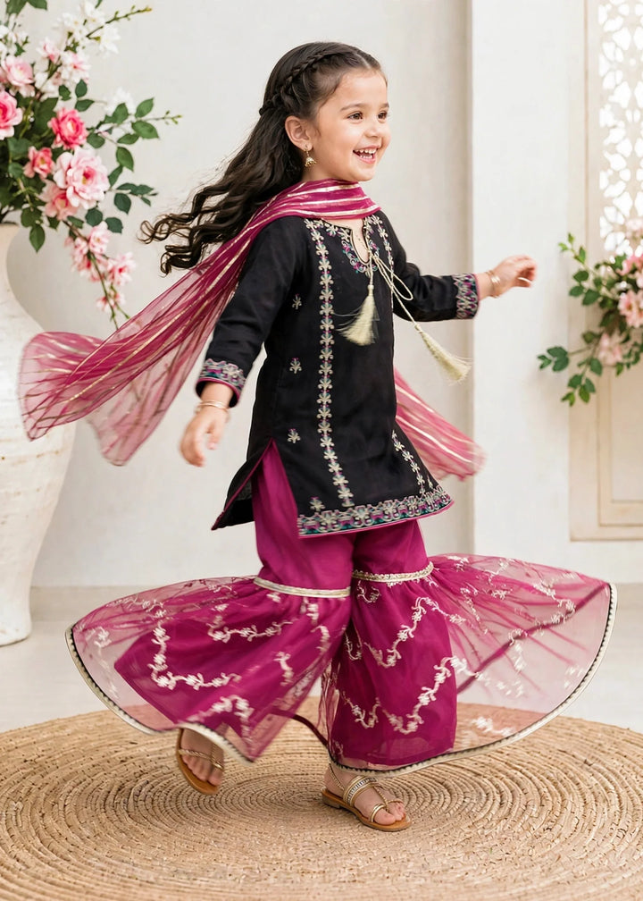 Modest Girls RTW Embroidered Raw Silk 3 Piece Suit Black Festive Collection