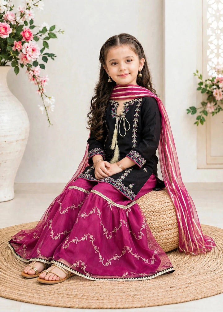 Modest Girls RTW Embroidered Raw Silk 3 Piece Suit Black Festive Collection