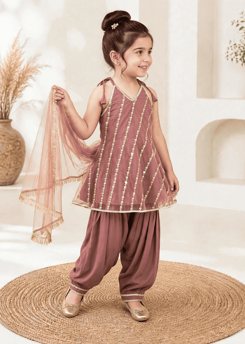 Modest Girls RTW Embroidered Net 3 Piece Suit Tea Pink Festive Collection
