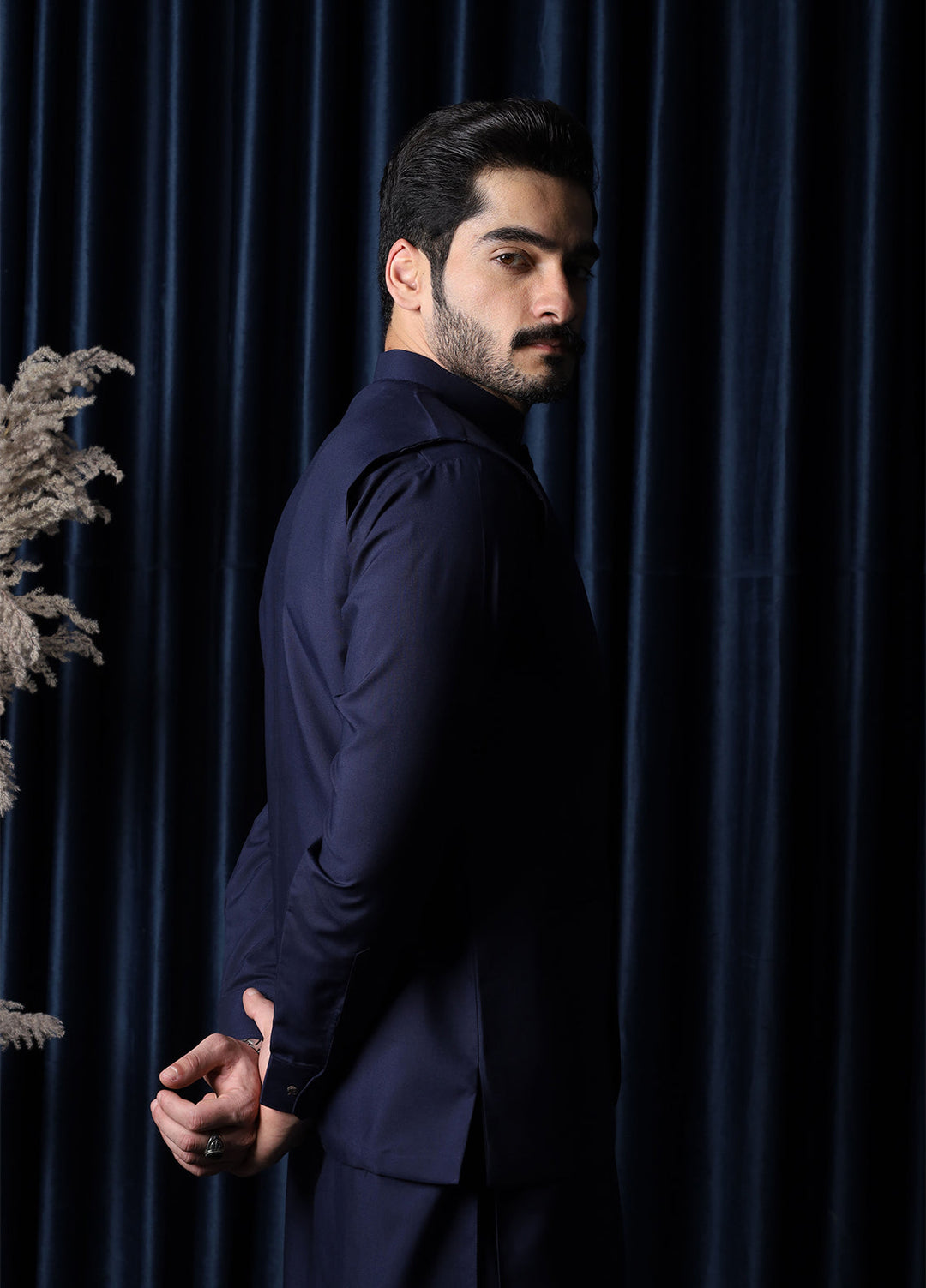 Mazham Mens RTW Solids Blended 3 Piece Suit Navy Blue Festive Collection