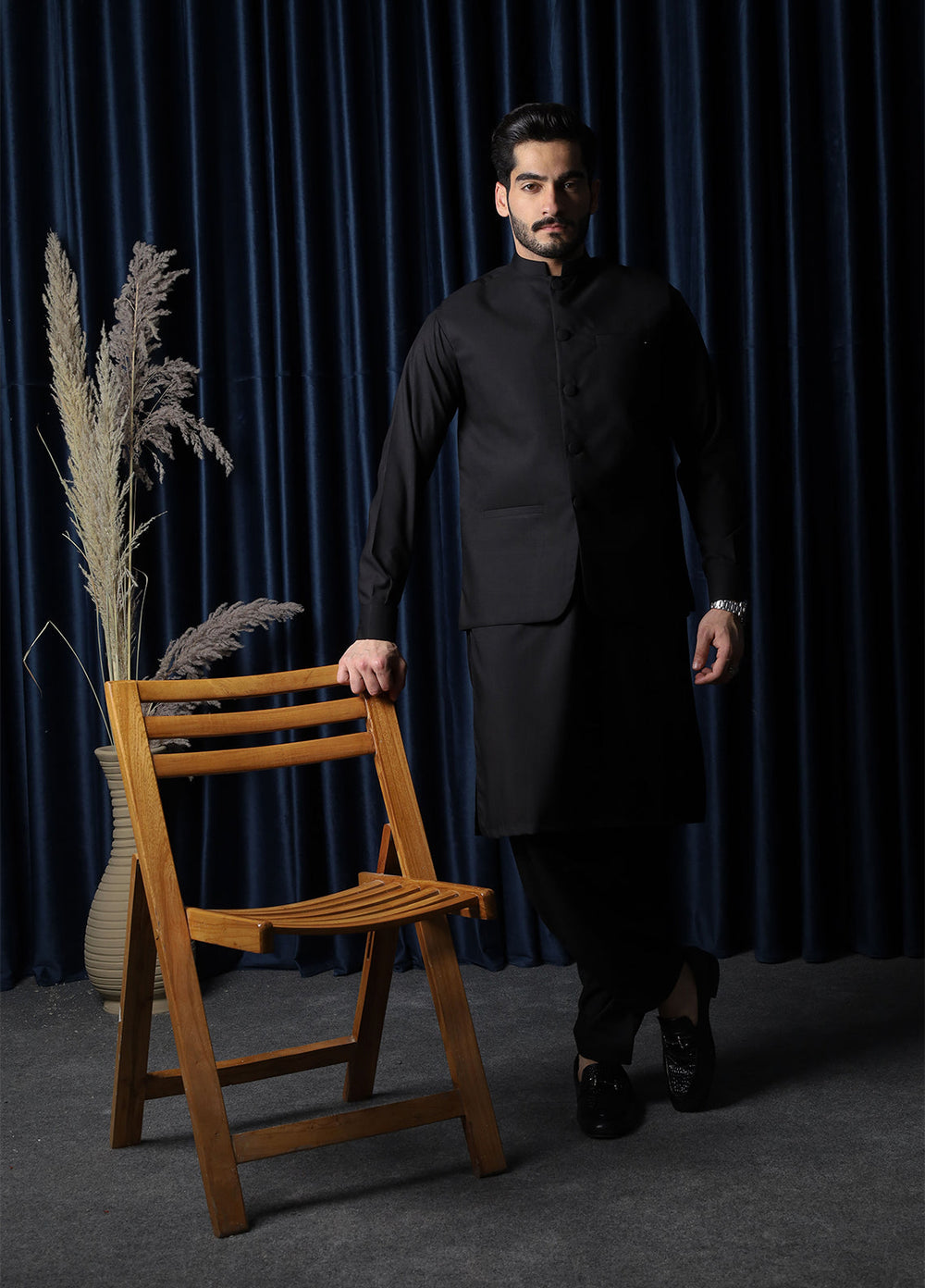 Mazham Mens RTW Solids Blended 3 Piece Suit Black Festive Collection