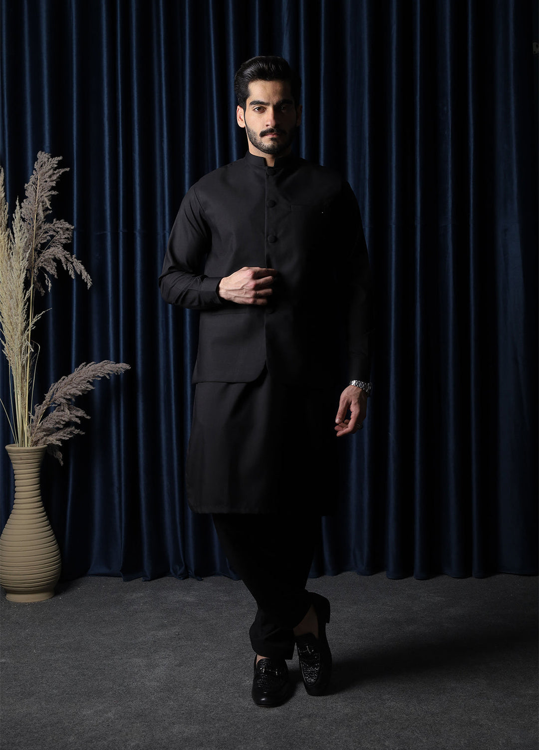 Mazham Mens RTW Solids Blended 3 Piece Suit Black Festive Collection