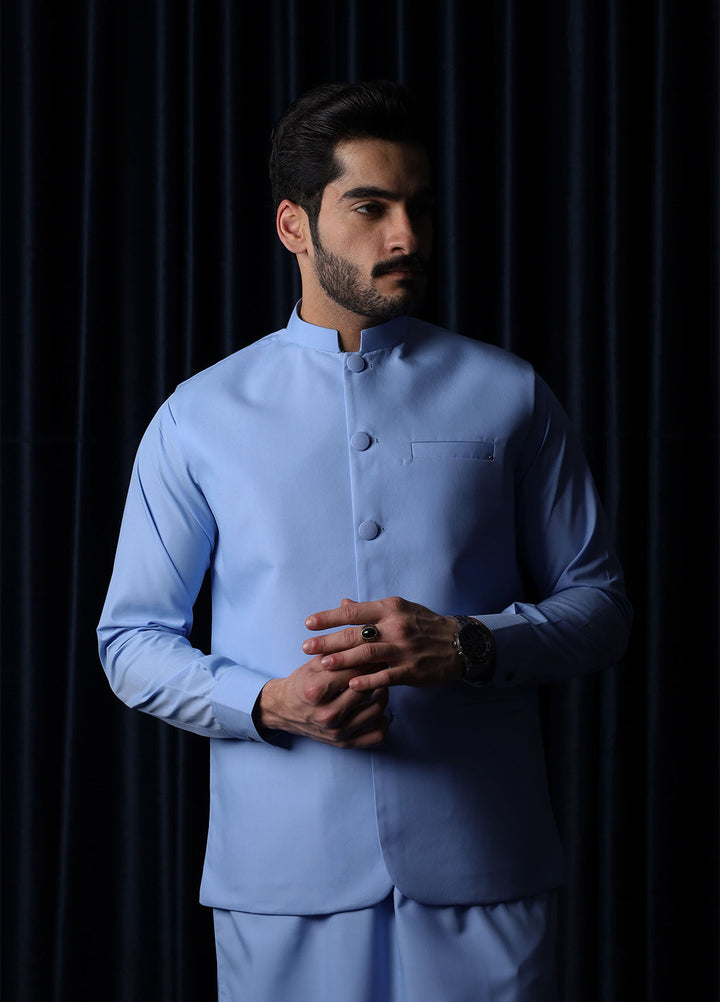 Mazham Mens RTW Solids Blended 3 Piece Suit Sky Blue Festive Collection