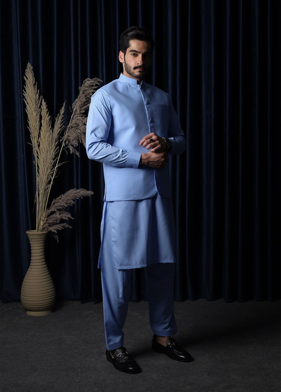 Mazham Mens RTW Solids Blended 3 Piece Suit Sky Blue Festive Collection