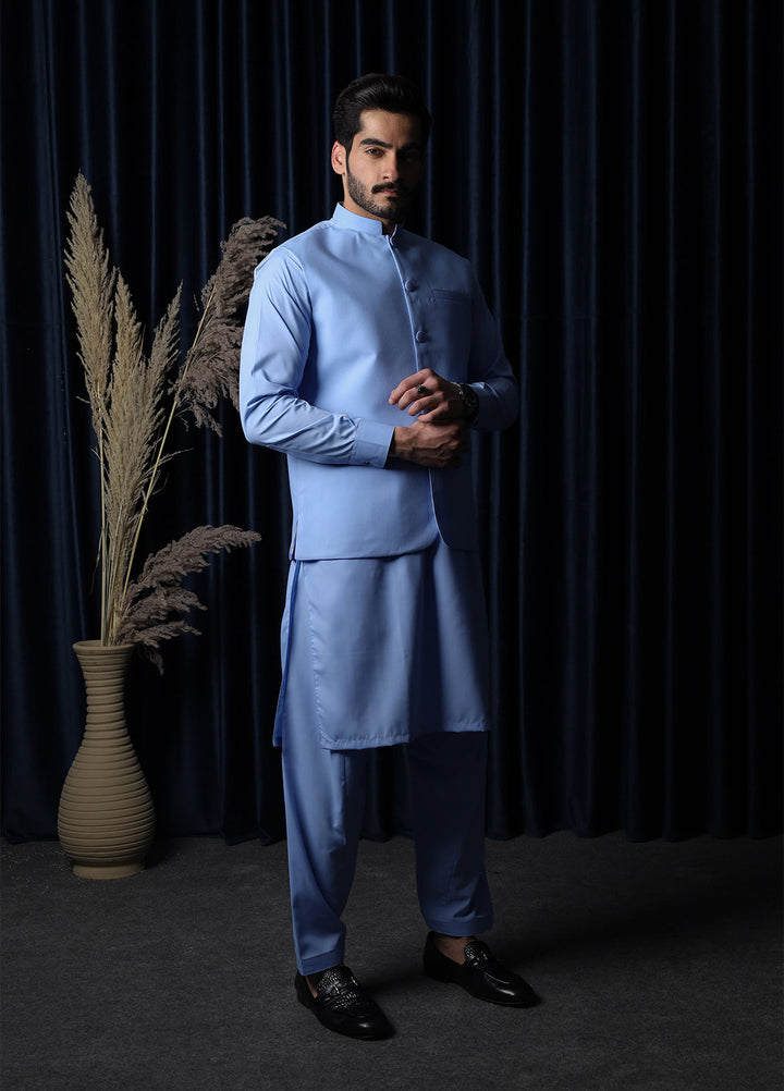 Mazham Mens RTW Solids Blended 3 Piece Suit Sky Blue Festive Collection