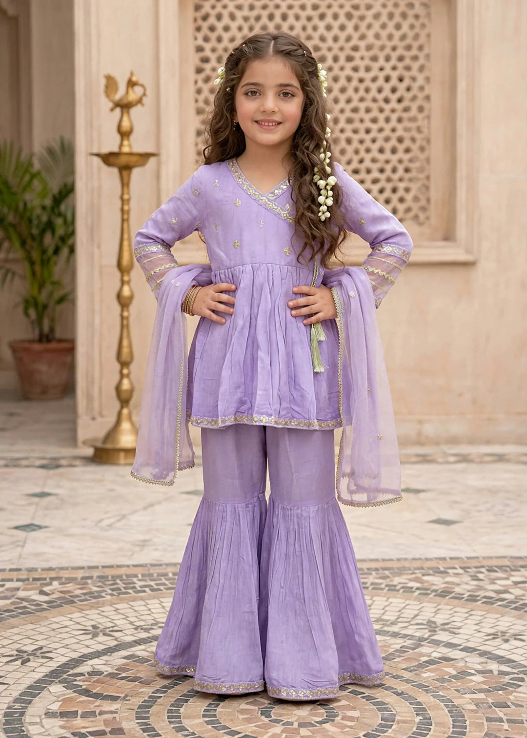 Modest Girls RTW Embroidered Cotton Silk 3 Piece Suit  11310 Purple Festive Collection