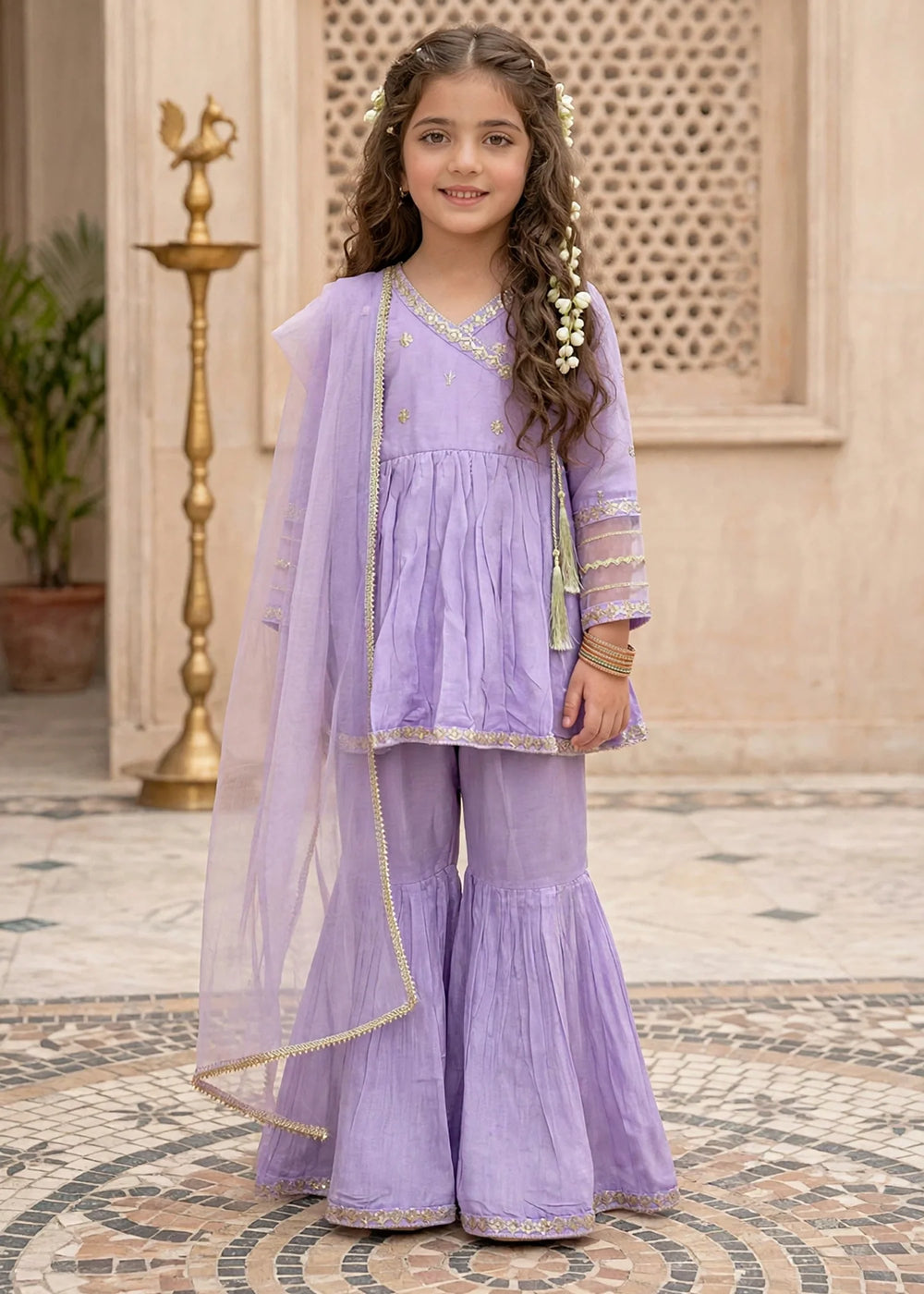 Modest Girls RTW Embroidered Cotton Silk 3 Piece Suit  11310 Purple Festive Collection