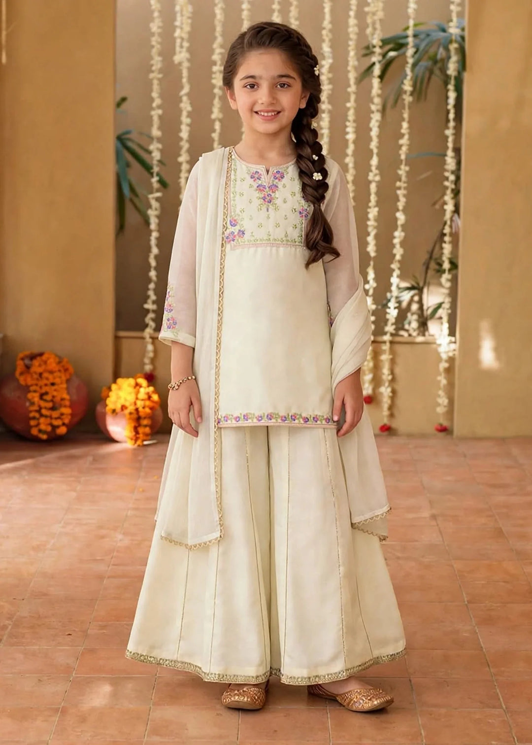 Modest Girls RTW Embroidered Chiffon 3 Piece Suit Off White Festive Collection