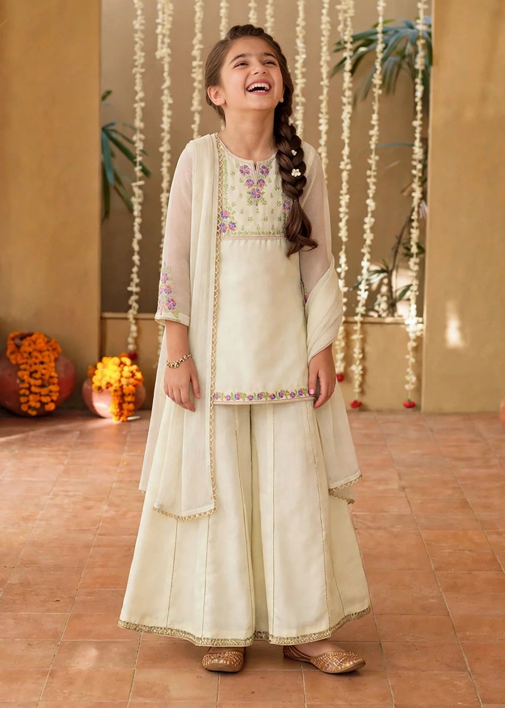 Modest Girls RTW Embroidered Chiffon 3 Piece Suit Off White Festive Collection