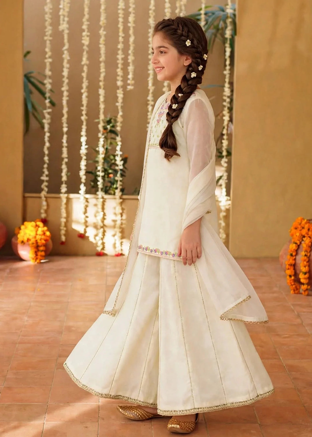 Modest Girls RTW Embroidered Chiffon 3 Piece Suit Off White Festive Collection