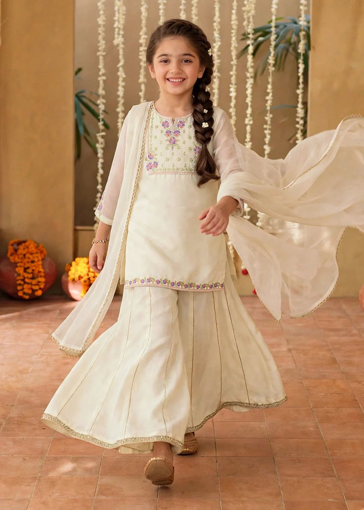 Modest Girls RTW Embroidered Chiffon 3 Piece Suit Off White Festive Collection