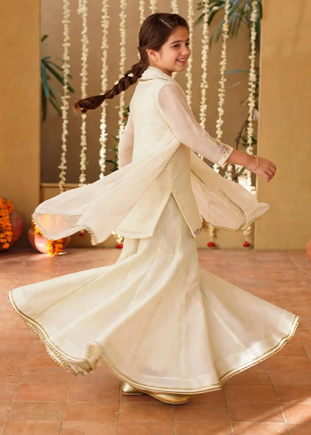 Modest Girls RTW Embroidered Chiffon 3 Piece Suit Off White Festive Collection