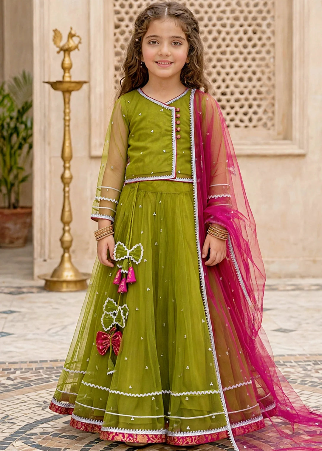 Modest Girls RTW Embroidered Net 3 Piece Suit 11440 Green Festive Collection