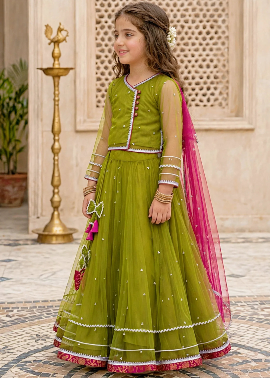 Modest Girls RTW Embroidered Net 3 Piece Suit 11440 Green Festive Collection