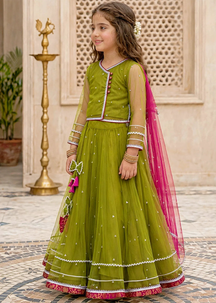 Modest Girls RTW Embroidered Net 3 Piece Suit 11440 Green Festive Collection