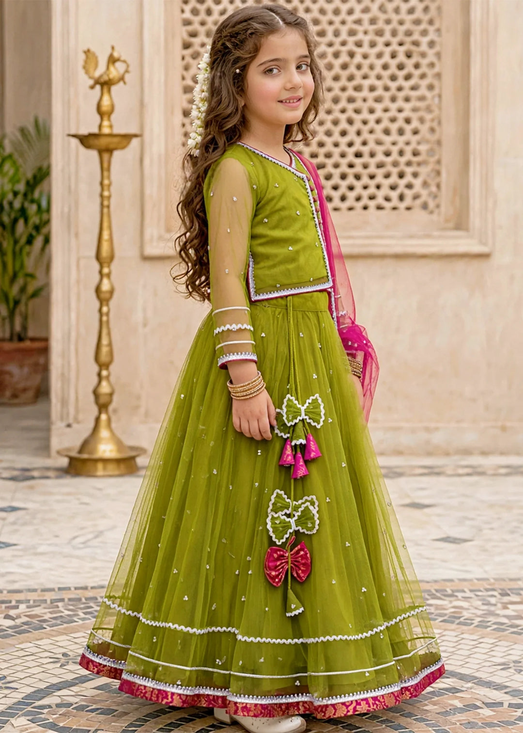 Modest Girls RTW Embroidered Net 3 Piece Suit 11440 Green Festive Collection