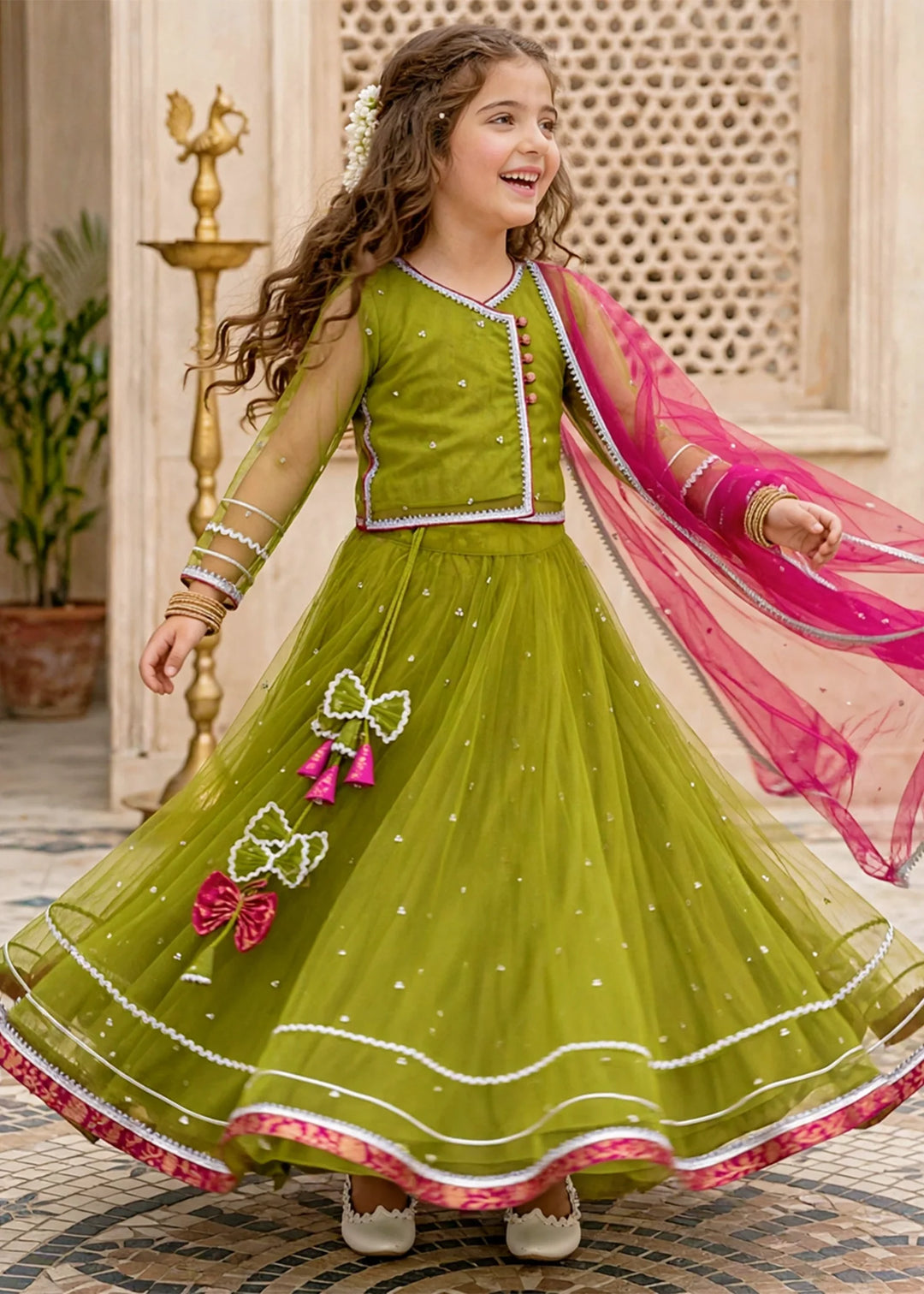 Modest Girls RTW Embroidered Net 3 Piece Suit 11440 Green Festive Collection