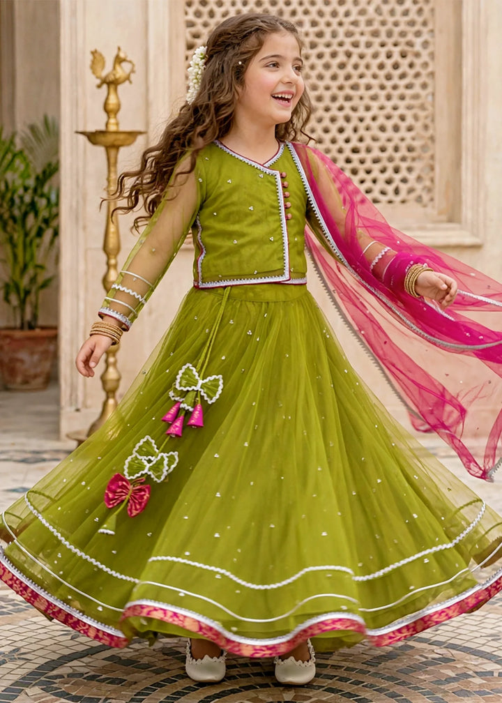 Modest Girls RTW Embroidered Net 3 Piece Suit 11440 Green Festive Collection