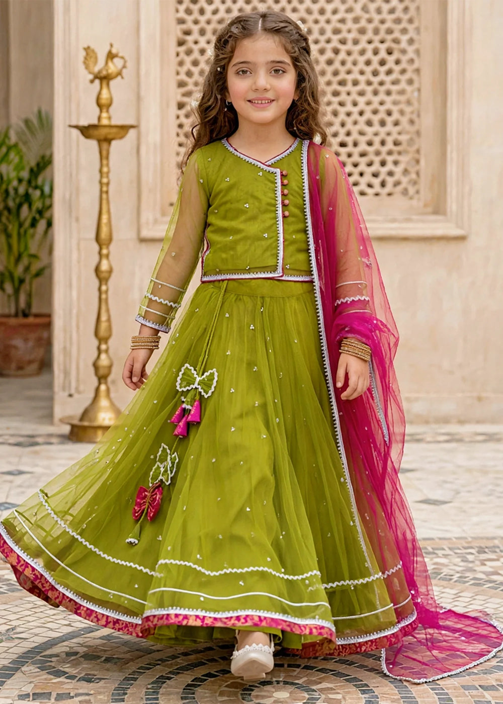 Modest Girls RTW Embroidered Net 3 Piece Suit 11440 Green Festive Collection