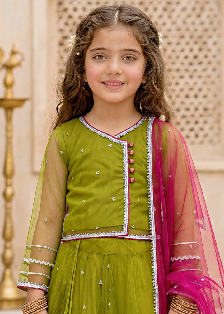 Modest Girls RTW Embroidered Net 3 Piece Suit 11440 Green Festive Collection