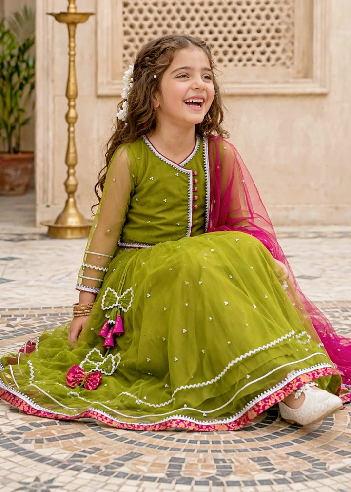 Modest Girls RTW Embroidered Net 3 Piece Suit 11440 Green Festive Collection