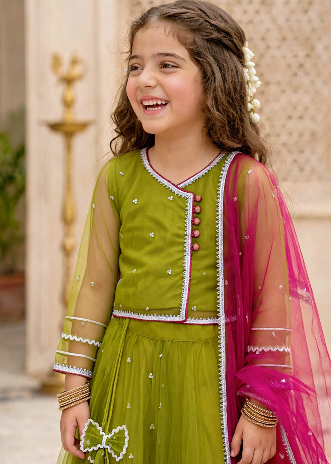 Modest Girls RTW Embroidered Net 3 Piece Suit 11440 Green Festive Collection