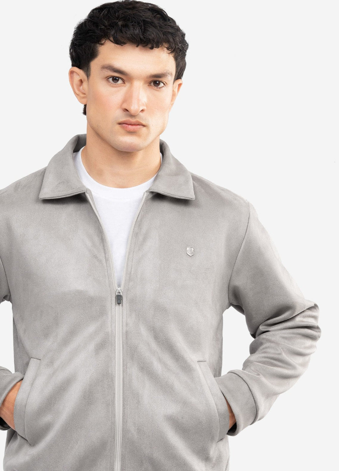 Brumano Mens RTW Solids Poly 1 Piece Beige Suede Collar Jacket Winter Collection