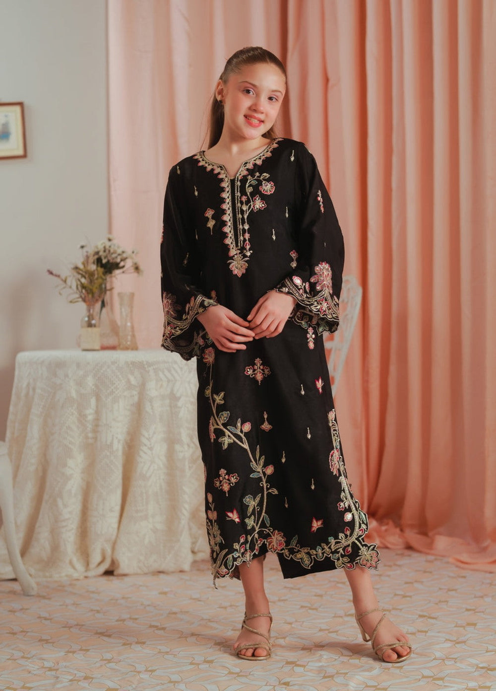 Sprinkles Girls RTW Embroidered Suede 1 Piece Suit Gothic Rose Kaftan Summer Collection