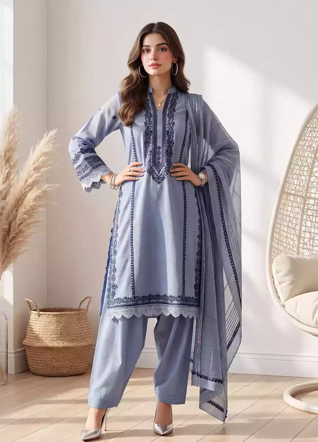 Salitex Women RTW Embroidered Slub 3 Piece Suit EUAL3PELP181 Casual Collection