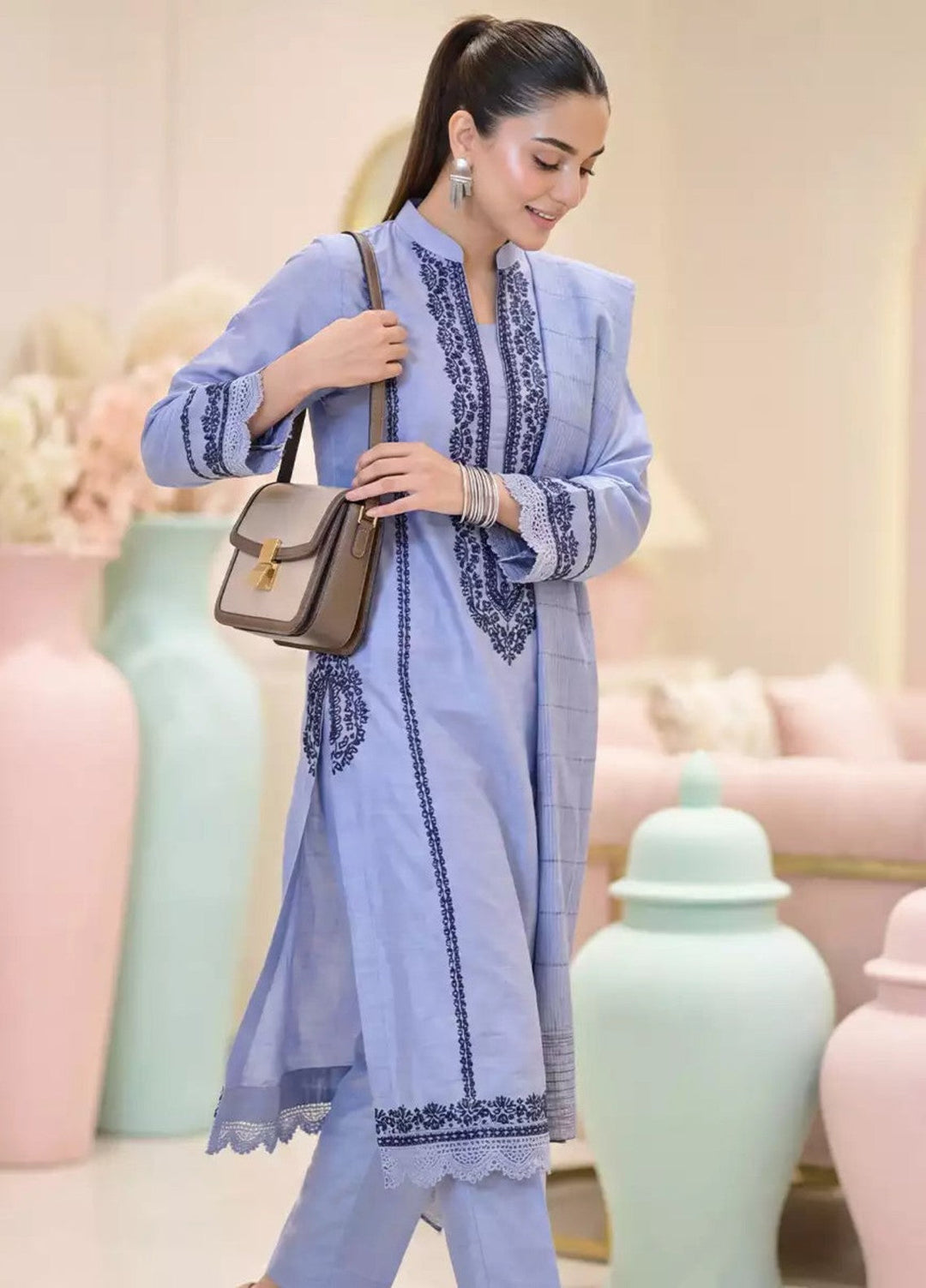 Salitex Women RTW Embroidered Slub 3 Piece Suit EUAL3PELP181 Casual Collection