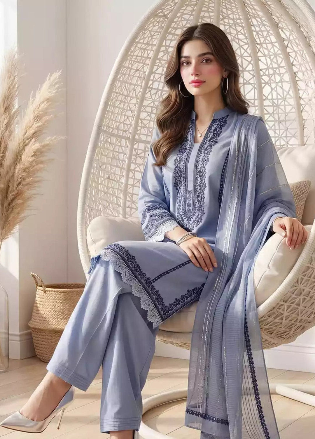 Salitex Women RTW Embroidered Slub 3 Piece Suit EUAL3PELP181 Casual Collection